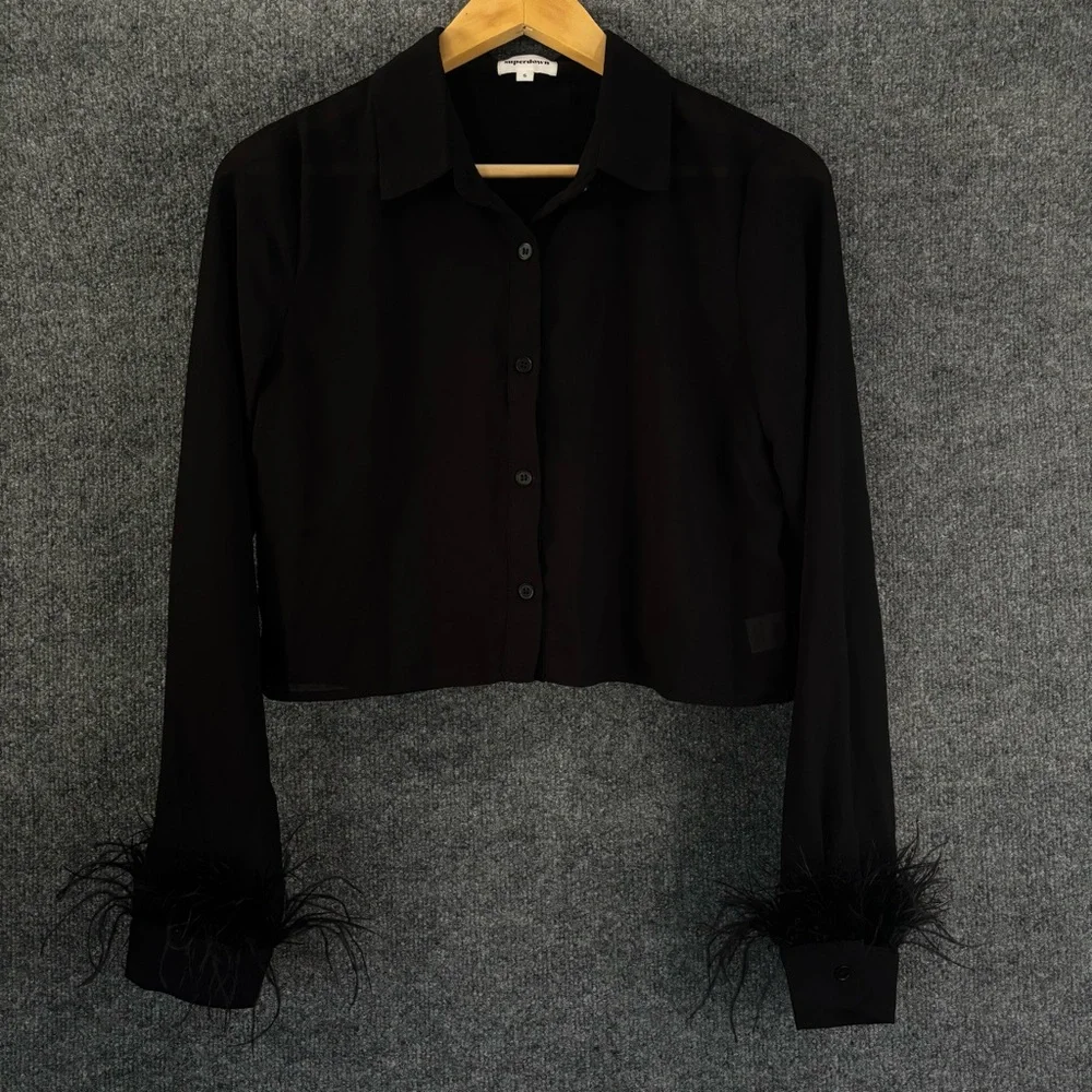 REVOLVE SUPERDOWN Womens Sheer Annie Button Up Top Size Small Black Feathers - Picture 2 of 9